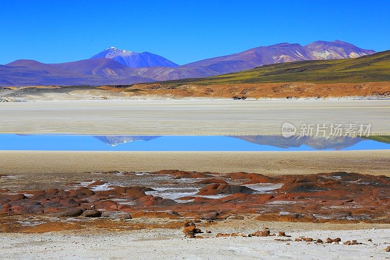 Salar de Talar和Miniques白雪皑皑的火山-日出时绿松石湖的倒影和Piedras rojas(红色石头)的岩层，田园般的阿塔卡马沙漠，火山景观全景-圣佩德罗阿塔卡马，智利，Bolívia和阿根廷边境